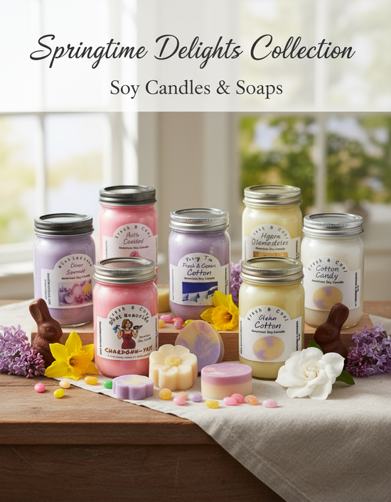 Spring and Easter collection featuring hand-poured soy candles and artisan soaps with floral scents including daffodil, lilac, and gardenia, displayed with seasonal decorations
