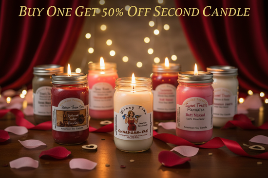 Valentine's Day romantic candles and soaps - handcrafted soy candles with chocolate, wine, and cinnamon scents