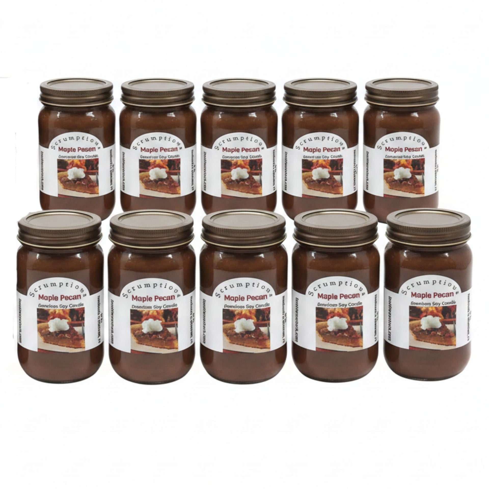 A 10-pack of Maple Pecan Soy candles in clear glass jars with brown lids, arranged in two rows of five on a white background