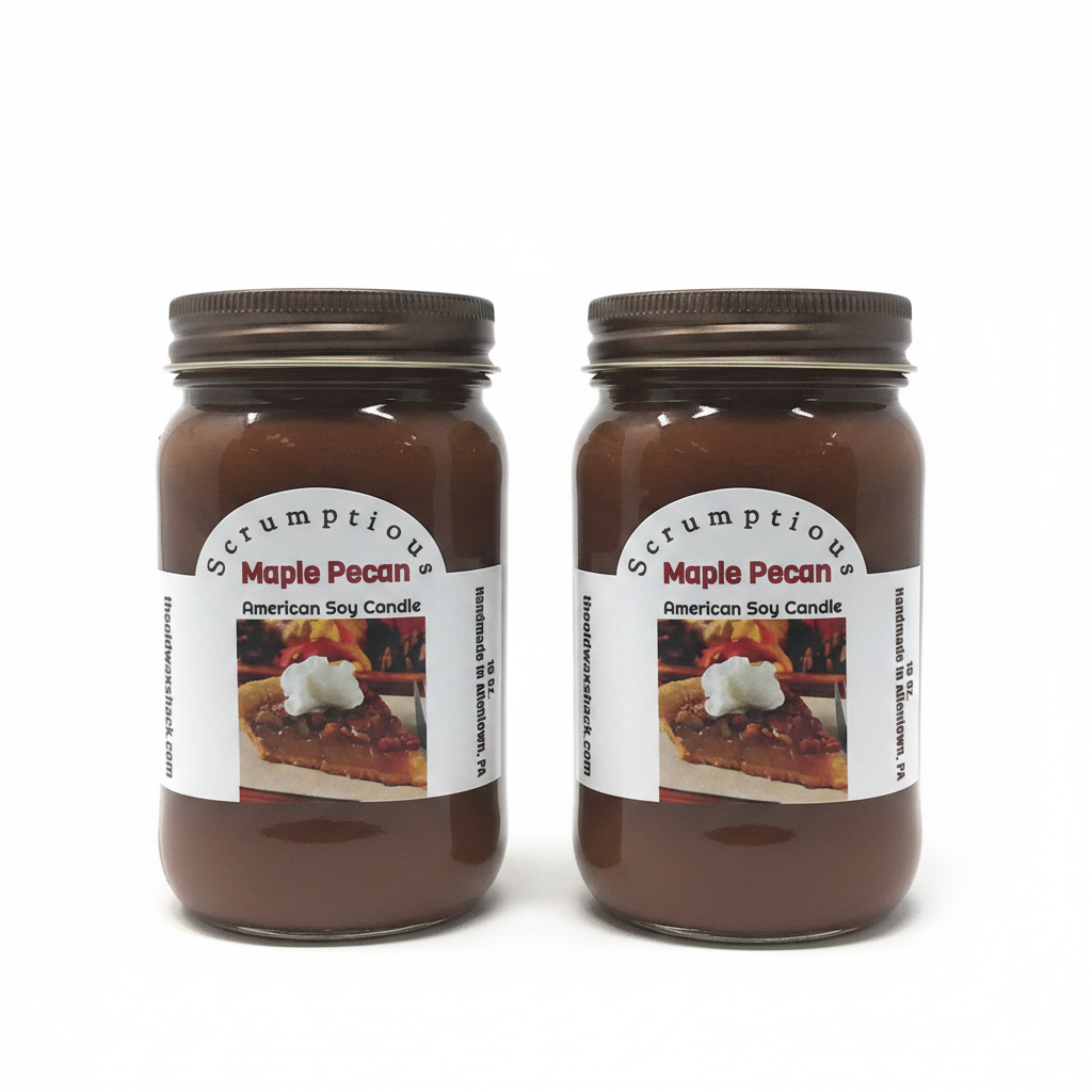 2 Maple Pecan Candles with a label showing pecan pie