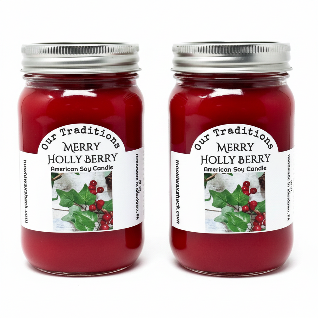 2 Holly Berry Candles White Background