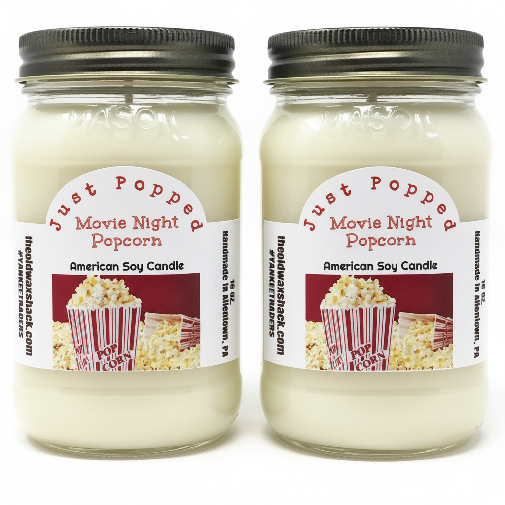 2 Movie Night Popcorn Candles White Background
