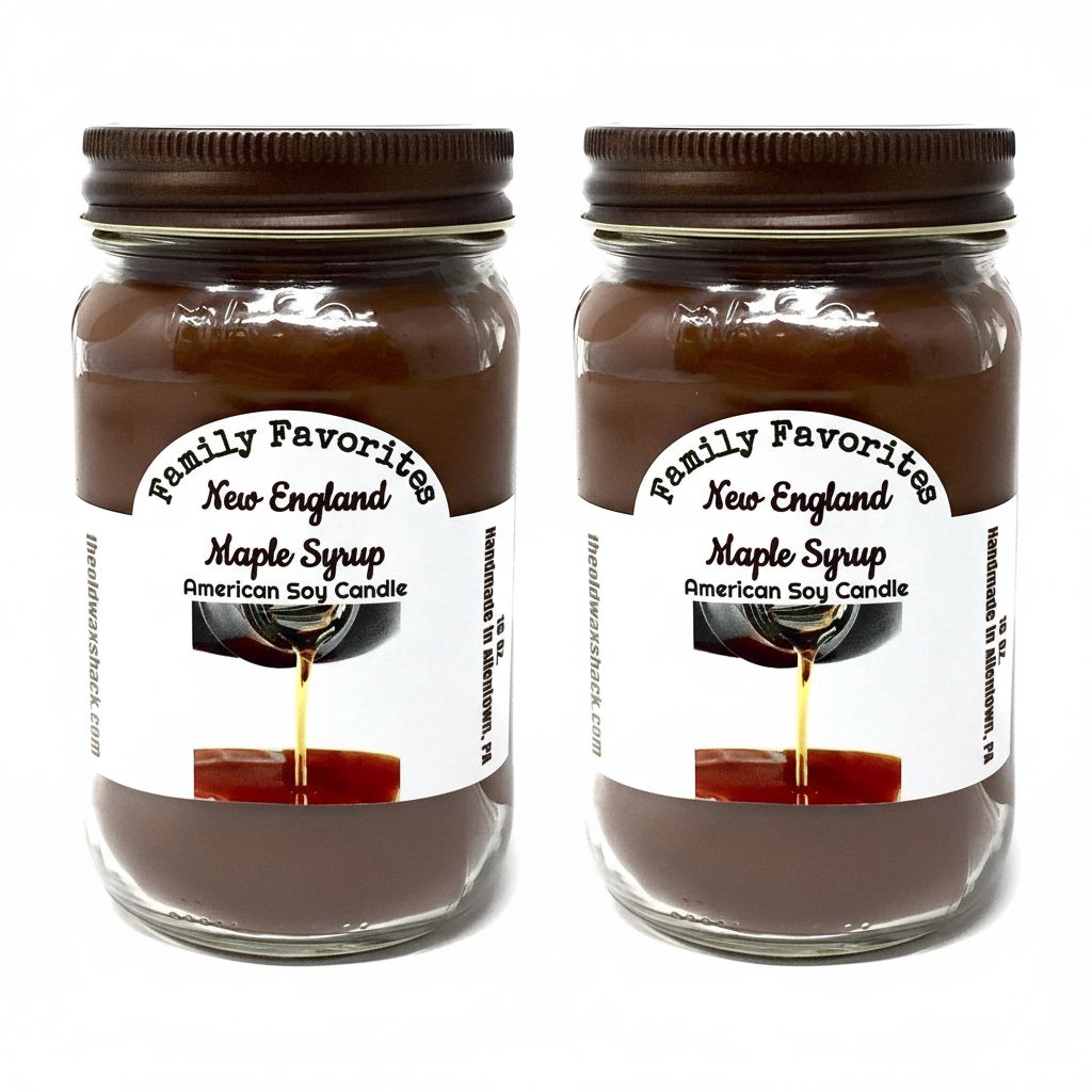 2 New England Maple Syrup Candles White Background