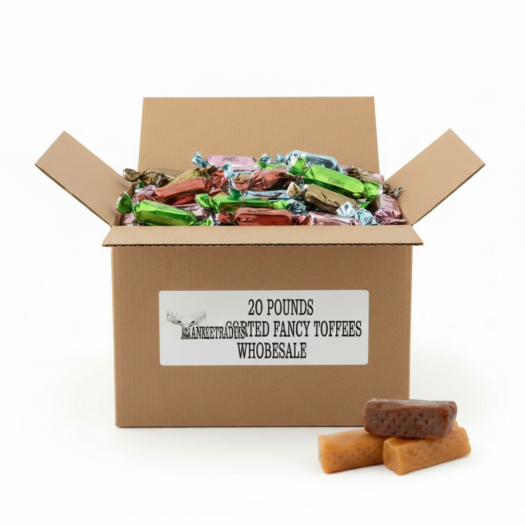 20-pound assorted fancy toffees wholesale with full YANKEETRADERS logo