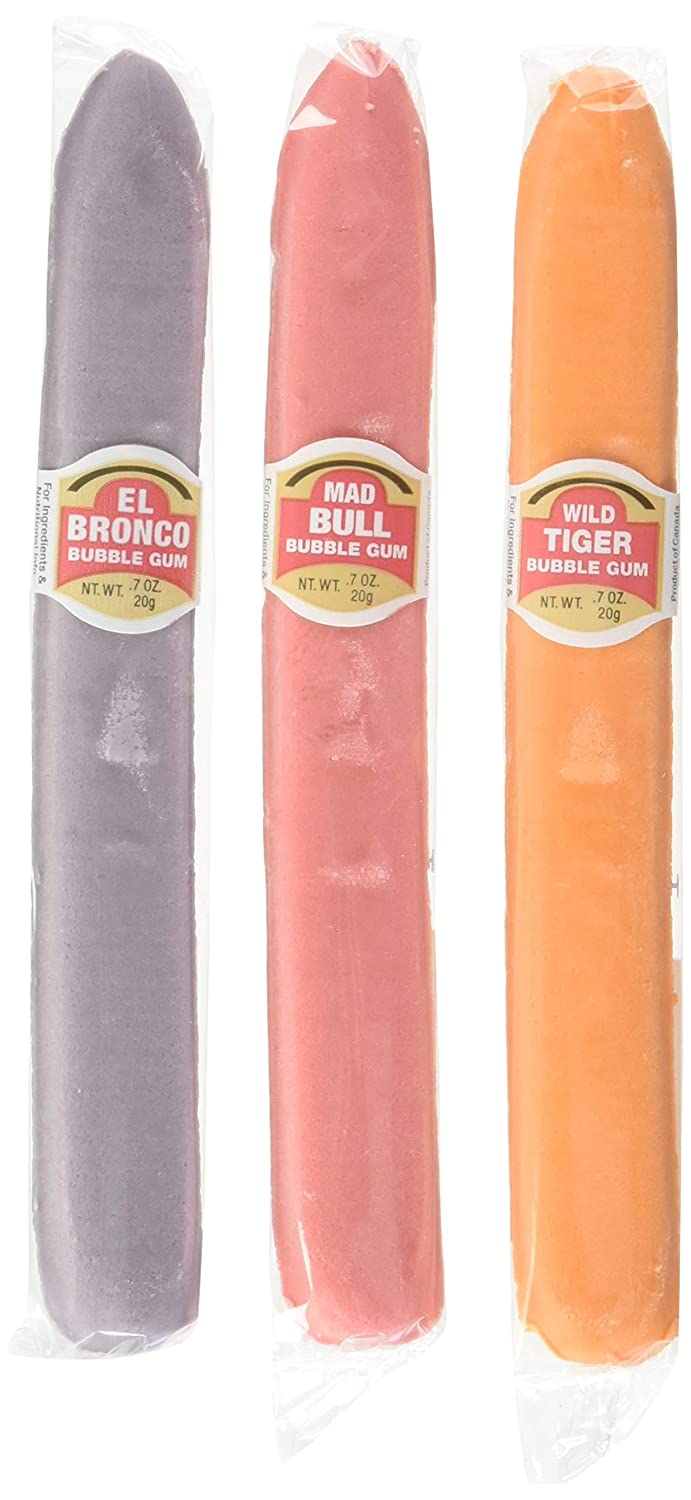 Three packaged el bubble gum cigars on a white background: El Bronco Reverse Gum in purple, Mad Bull Bubble Gum in pink, and Wild Tiger Bubble Gum in orange. Each stick has a paper label with the product name and flavor.