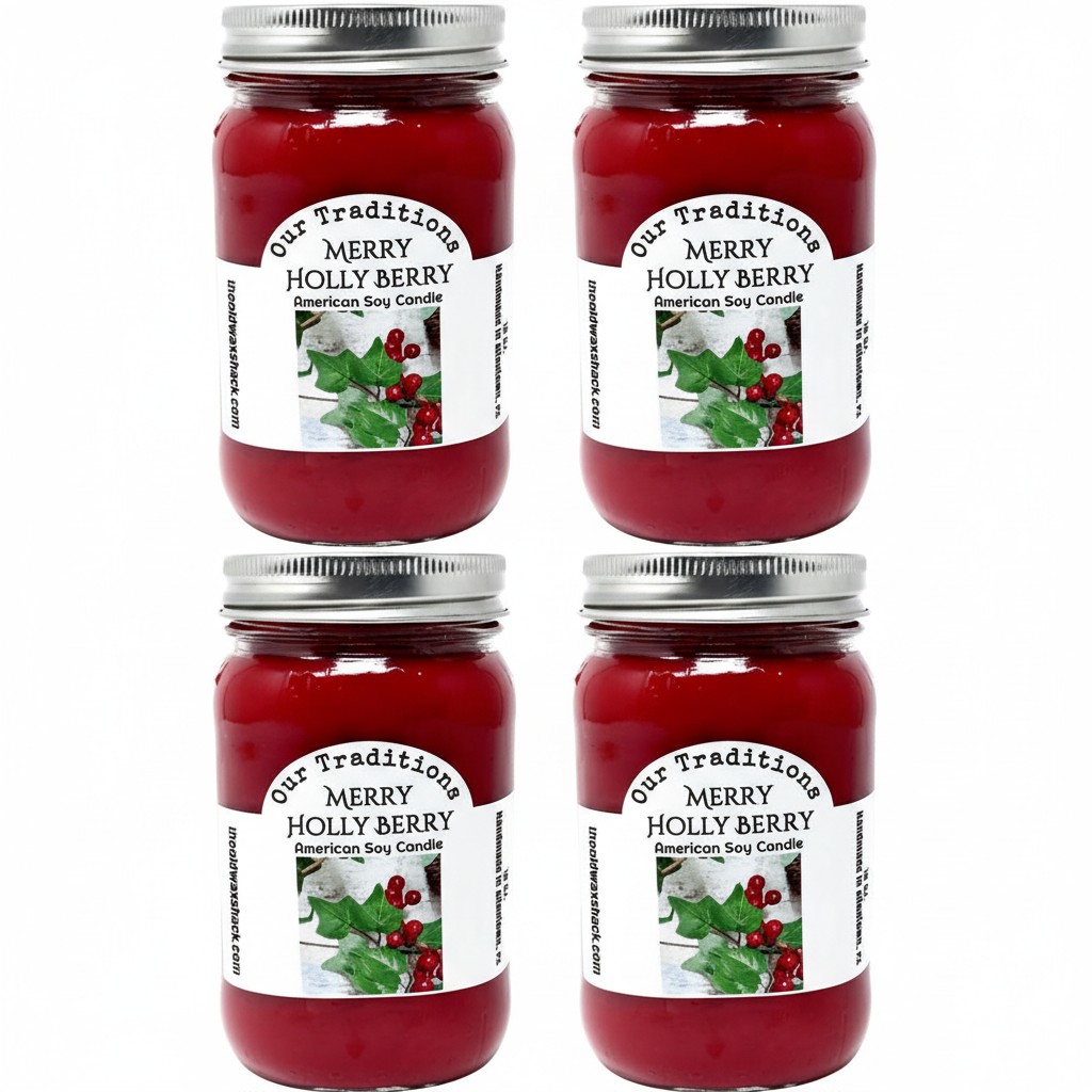 4 Holly Berry Candles White Background