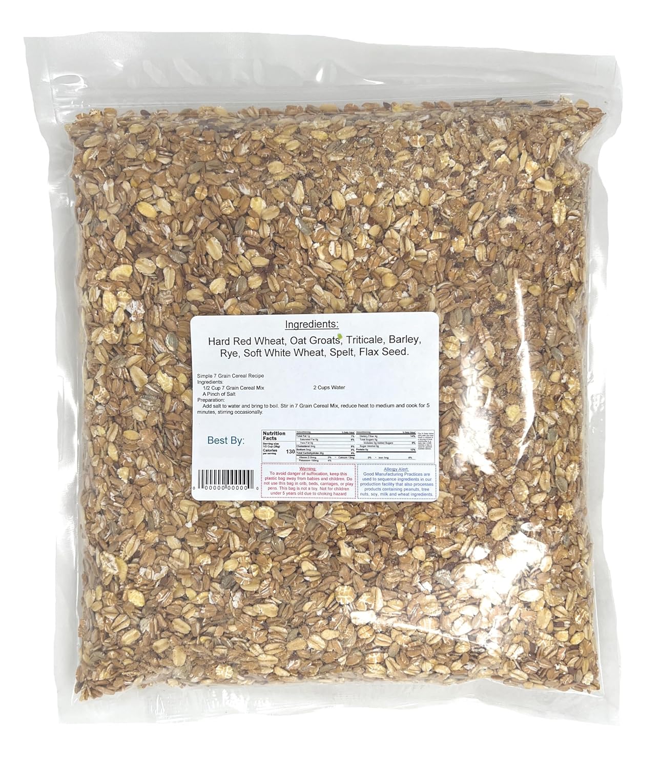 Bag of 7 grain mix with a nutrition label on a white background