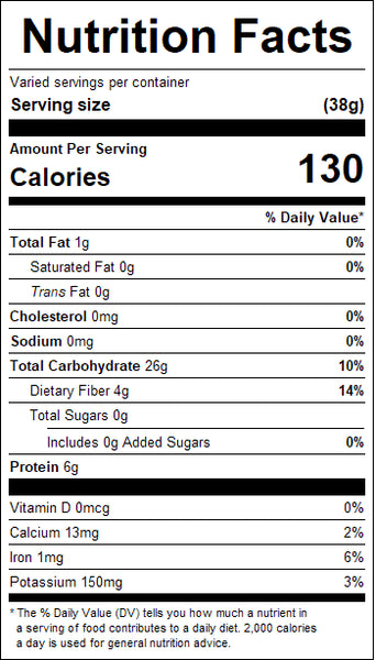 Nutrition facts label for a 7 grains cereal with serving size, calories, and various nutrient values.