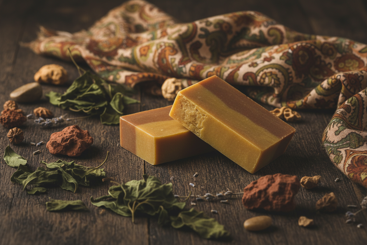 Patchouli organic Soap in an earthy setting with patchouli and paisley scarf