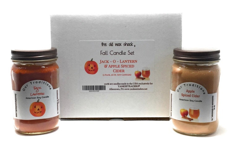2 Fall Soy Candles, Apple Cider, Jack O Lantern with Gift Box that has Fall Candle Set Label