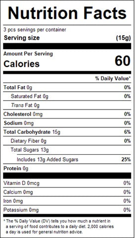 Nutrition Facts panel showing a 15 g serving of assorted fruit hard candy with 60 calories and 13 g total sugars.