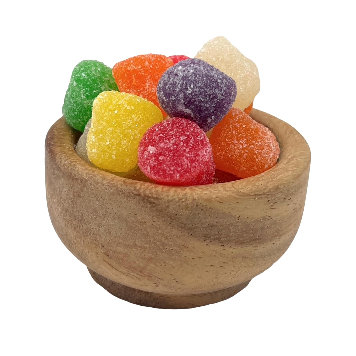A small round wooden bowl filled with assorted colorful sugar-coated spiced gumdrops candy, photographed on a plain white background.