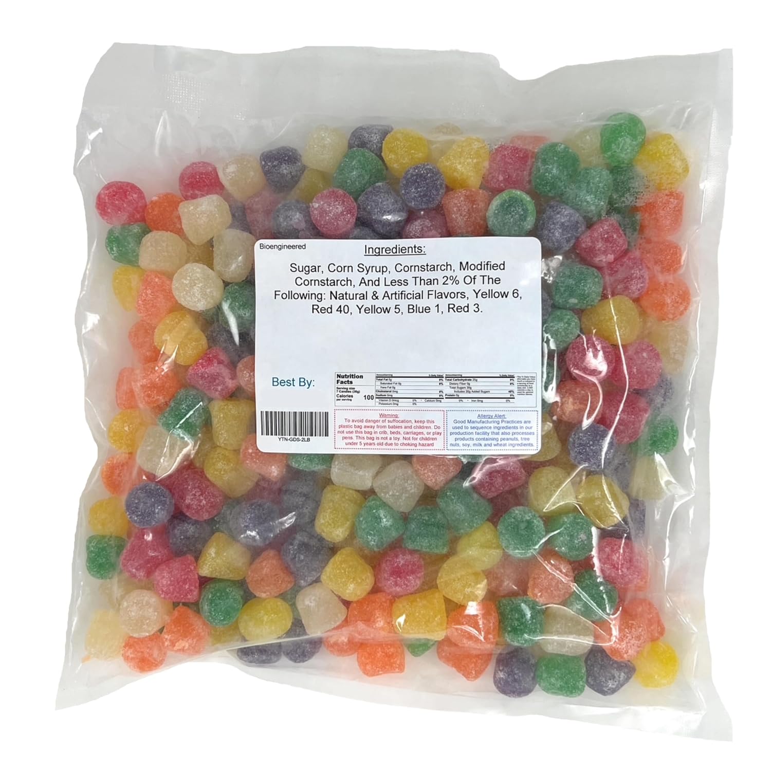 Bag of colorful spiced gumdrops with a  nutrition label on a white background