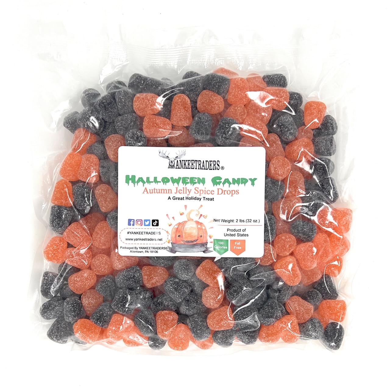 Bag of Halloween candy with orange and black licorice spice drops, branded 'YANKEETRADERS'.