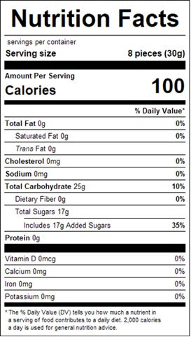 Nutrition facts label for Autumn spice drops with serving size, calories, and detailed nutritional information.