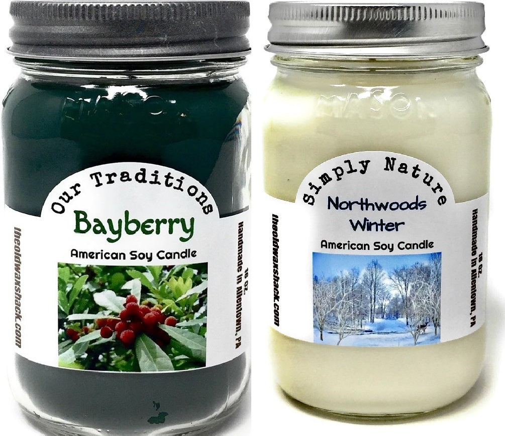 Bayberry and Northwoods Winter Soy Candles (2 Pack Gift Set, 16 Oz Mason Jars.)