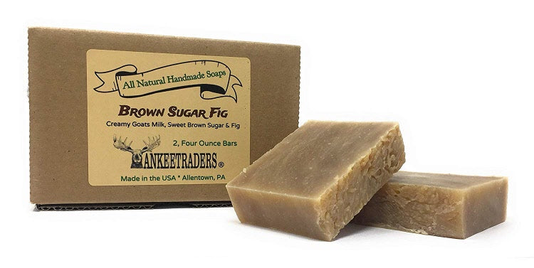 Two bars of handmade natural soap labeled 'Brown Sugar Fig' with kraft box packaging showing the product name and 'All-Natural Handmade Soap' text.