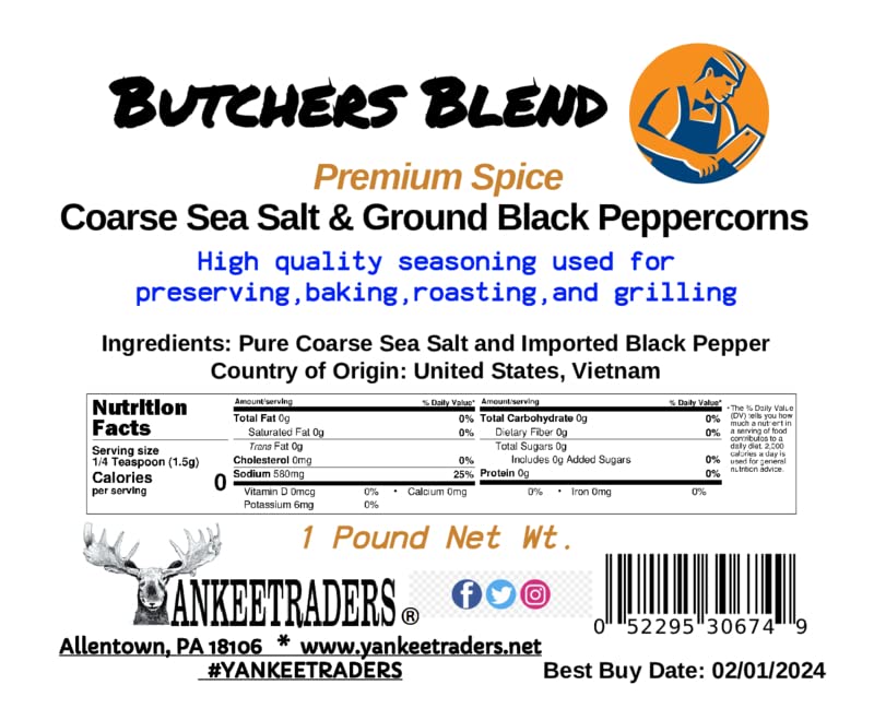 YANKEETRADERS® Butchers Blend, Premium Sea Salt & Pepper Mix, 1 Pound Pack