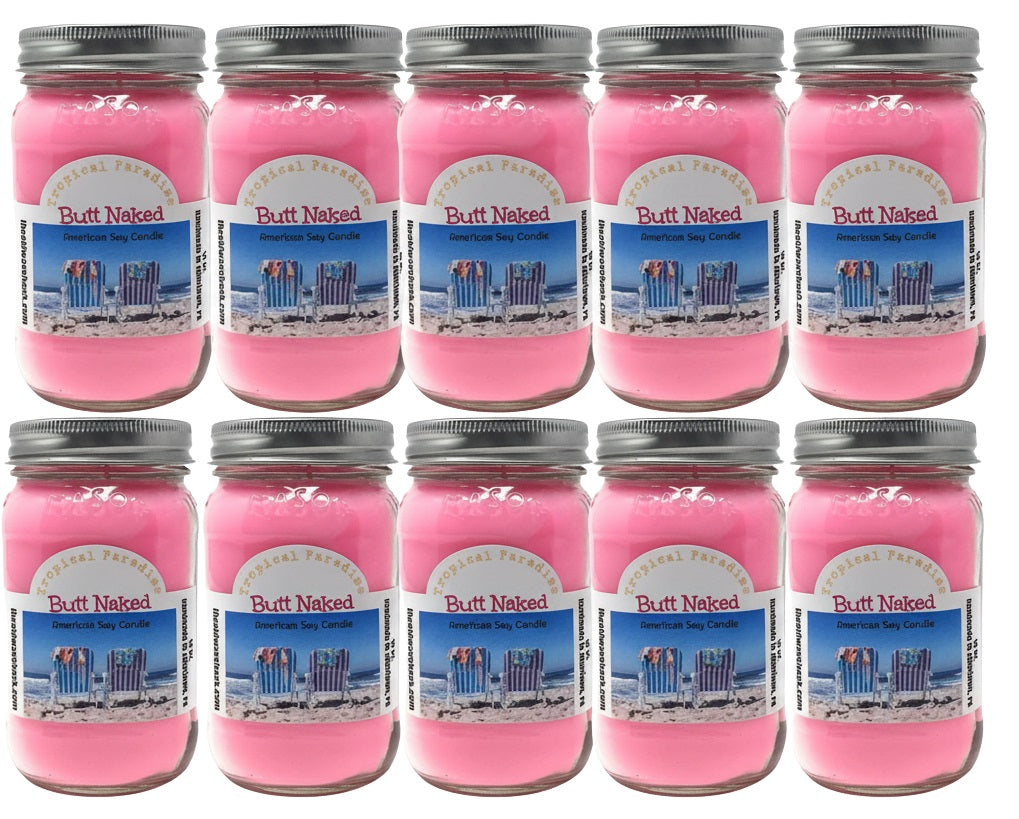10 Pack pink color, tropical scented, Butt naked Soy candles in mason jars