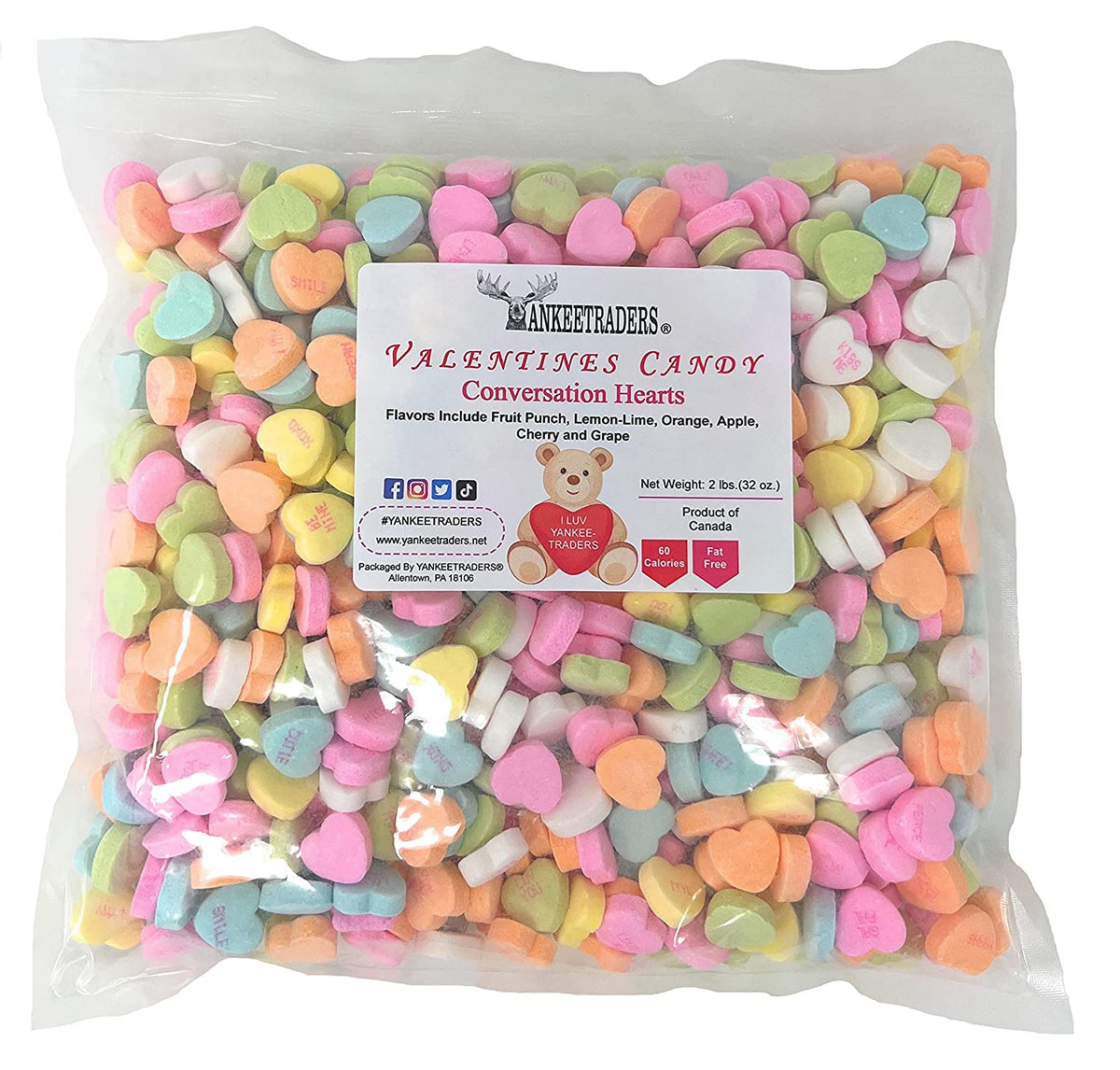 Bag of colorful Valentine's Day candy conversation hearts with a brand label on a white background