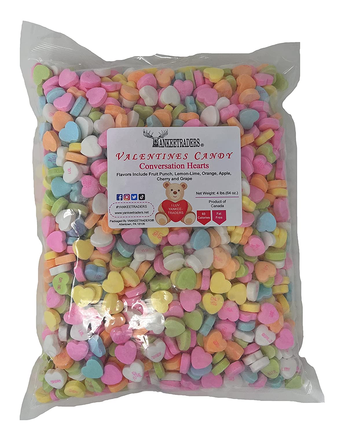 Bag of colorful heart-shaped conversation candies with YANKEETRADERS brand label on a white background