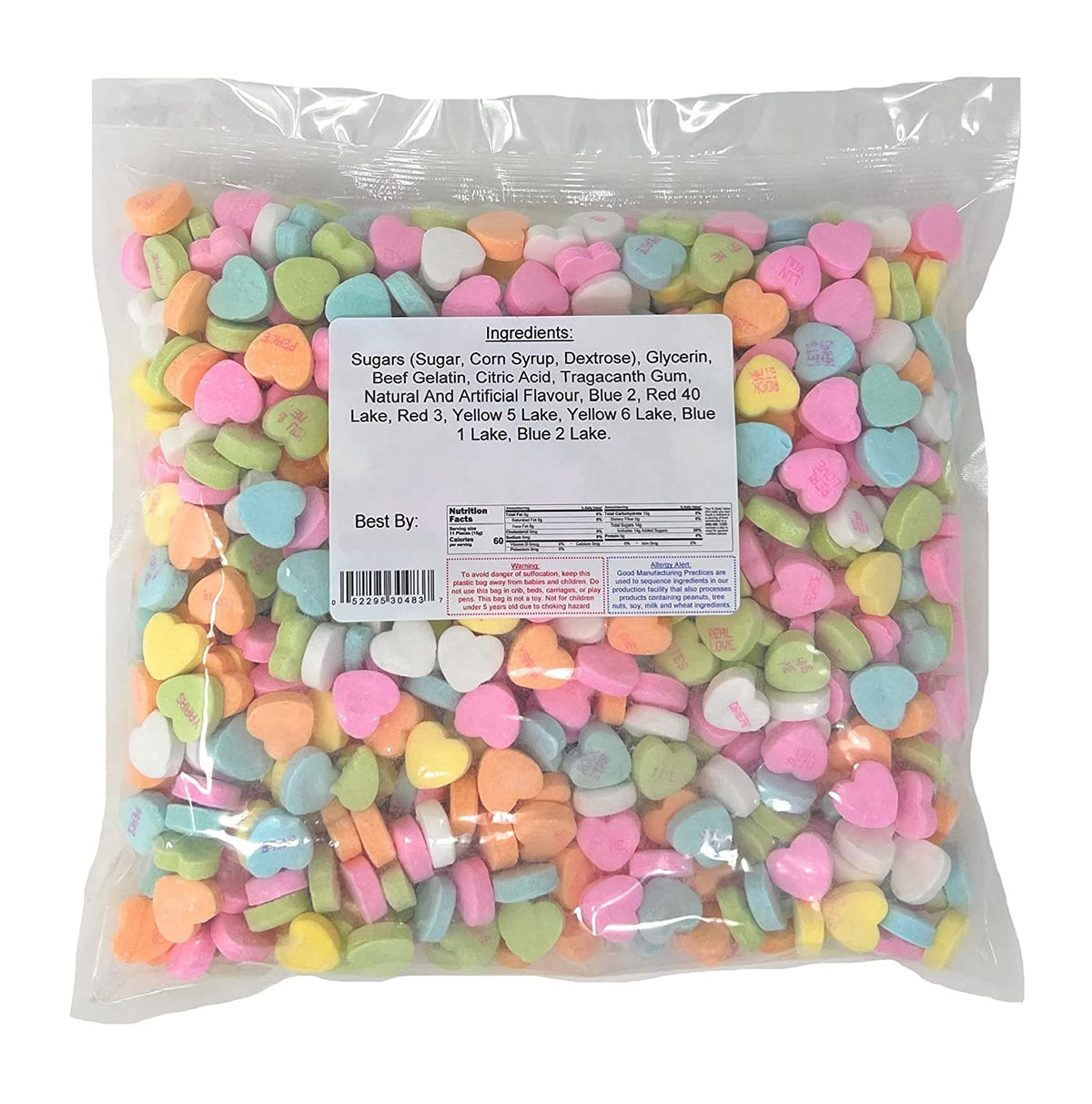 Bag of colorful conversation heart-shaped candies with a nutrition label on a white background