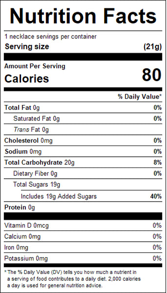 Nutrition facts label for assorted candy necklaces with 80 calories per serving