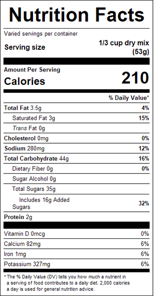 Nutrition facts label for original cappuccino mix with detailed calorie count and nutritional content.