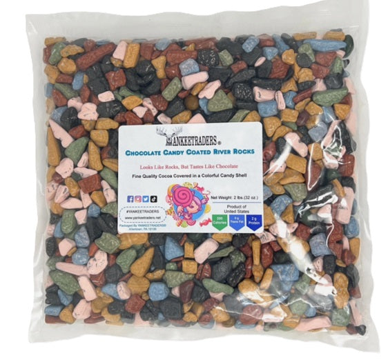 2 Pound Bag of colorful candy-coated river rocks with a label on a white background