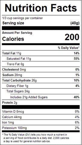 Nutrition facts label for chocolate rocks candy food product with detailed calorie and nutrient information.