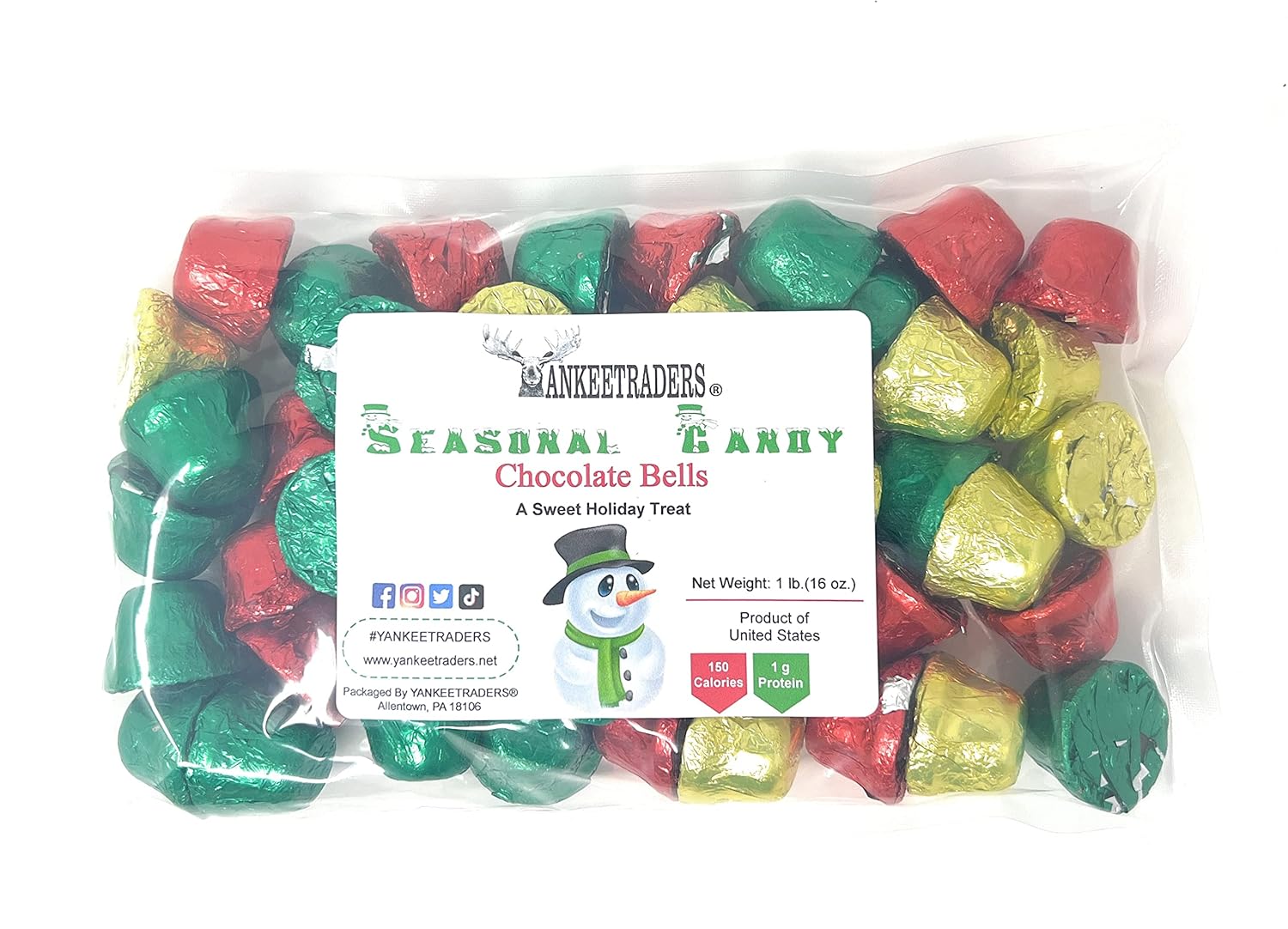 Red, Green & Gold Foil-Wrapped Milk Chocolate Christmas Bells - Holiday Candy