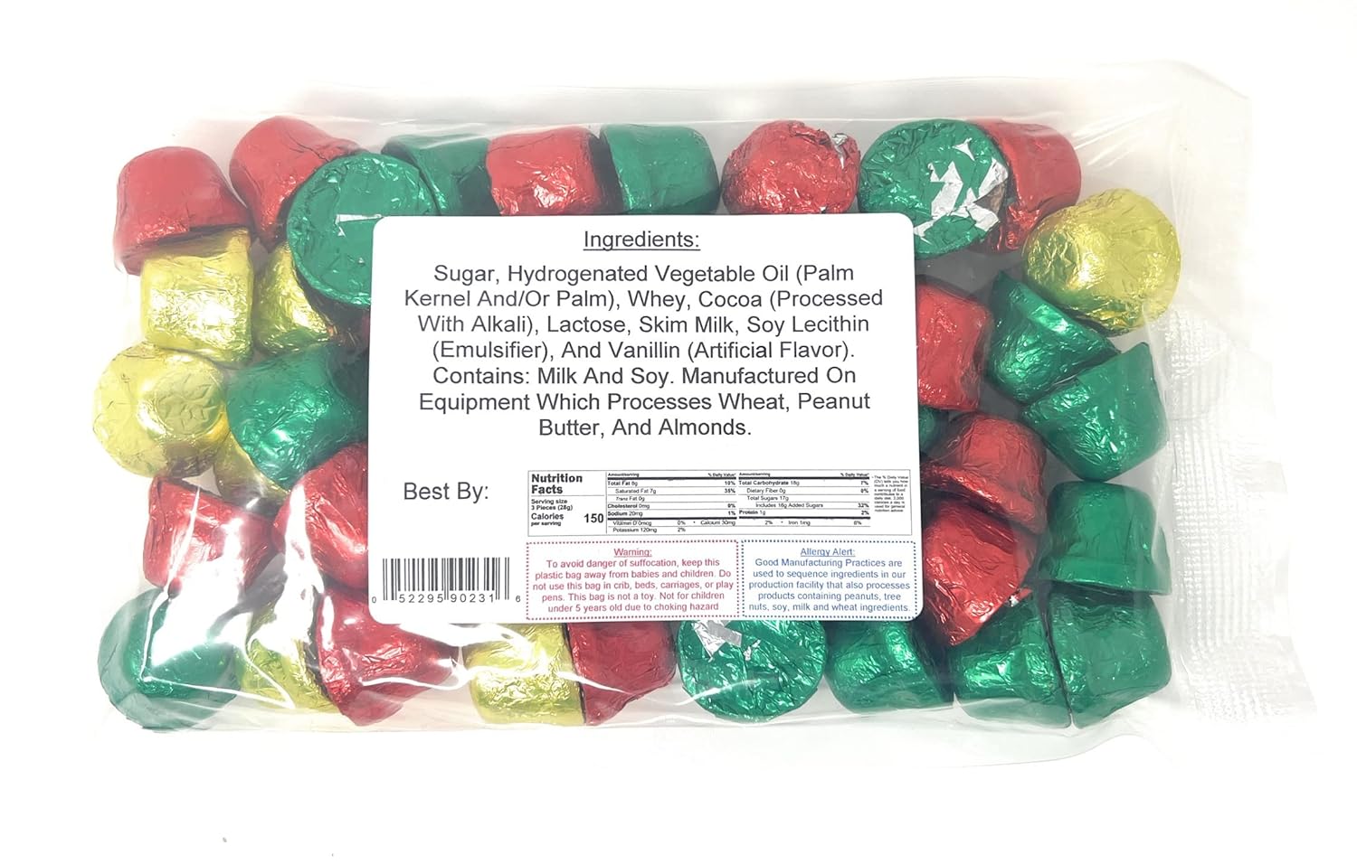 Red, Green & Gold Foil-Wrapped Milk Chocolate Christmas Bells - Holiday Candy