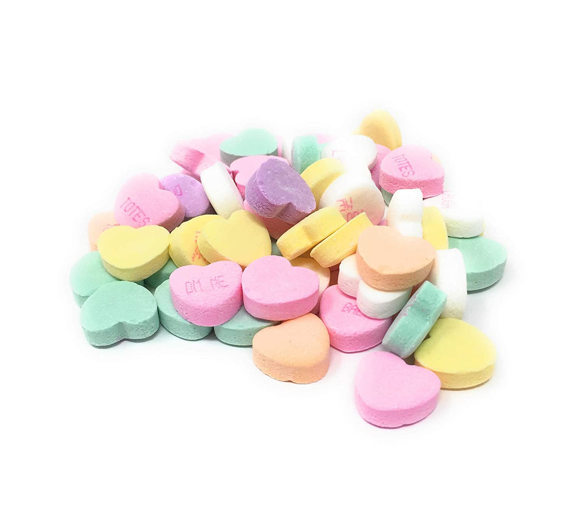 Colorful conversation heart-shaped candy on a white background