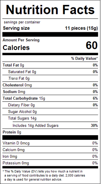 Conversation Hearts Candy Nutrition facts label for a product with 14g of total sugars per serving.