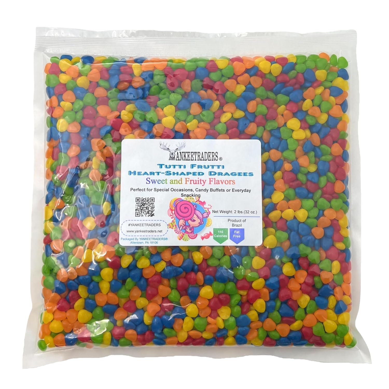 Tutti Frutti Heart-Shaped Dragees – Colorful Fruit Candy Hearts, Bulk 2, 4 & 20 lb
