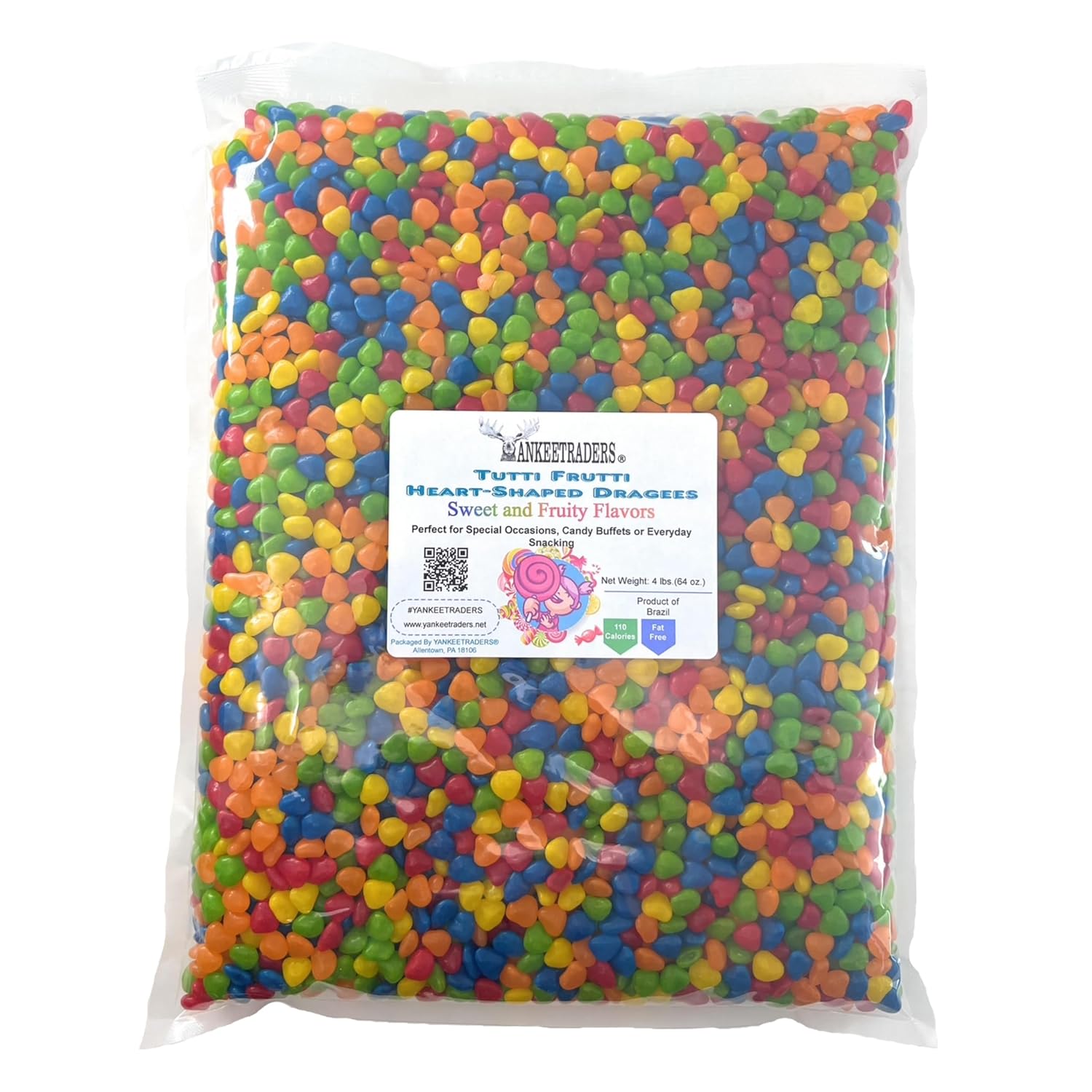 Tutti Frutti Heart-Shaped Dragees – Colorful Fruit Candy Hearts, Bulk 2, 4 & 20 lb