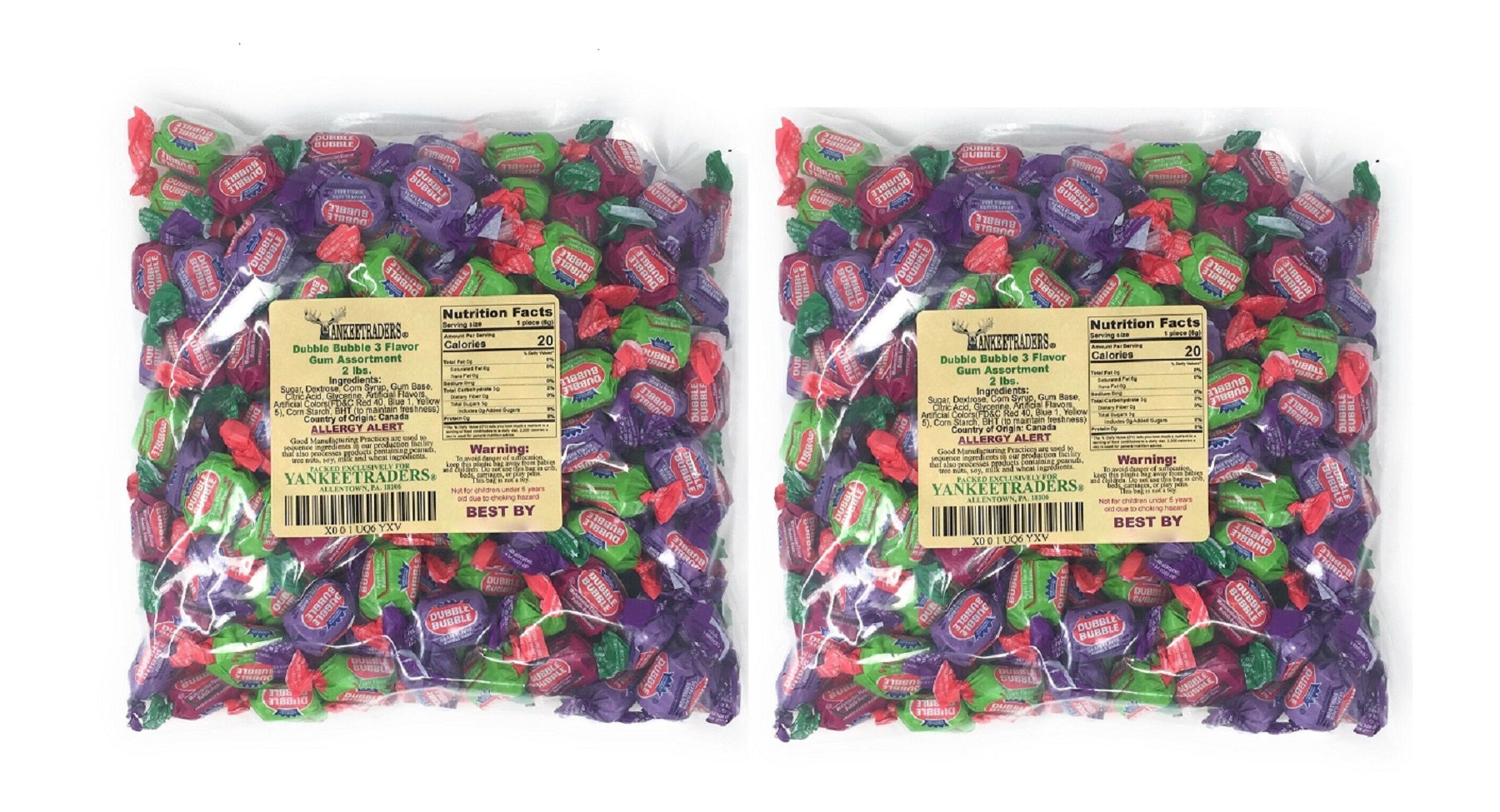Two clear plastic 2 pound bags filled with assorted wrapped candies, each with a tan label, shown side by side on a white background.