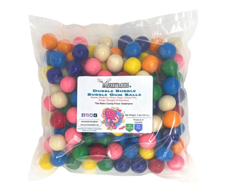 A clear plastic bag filled with colorful Dubble bubble gum balls, with a white product label in the center reading Dubble Bubble Gum Balls'. The product is photographed on a clean white background.