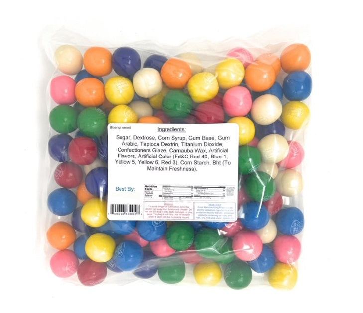 A clear plastic bag filled with Dubble Bubble gumballs in assorted bright colors, with a white product nutrition label visible in the center on a white background