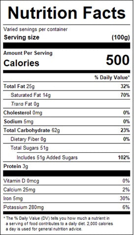 Nutrition facts label for a dark chocolate mini nonpareils with detailed calorie and nutrient information.
