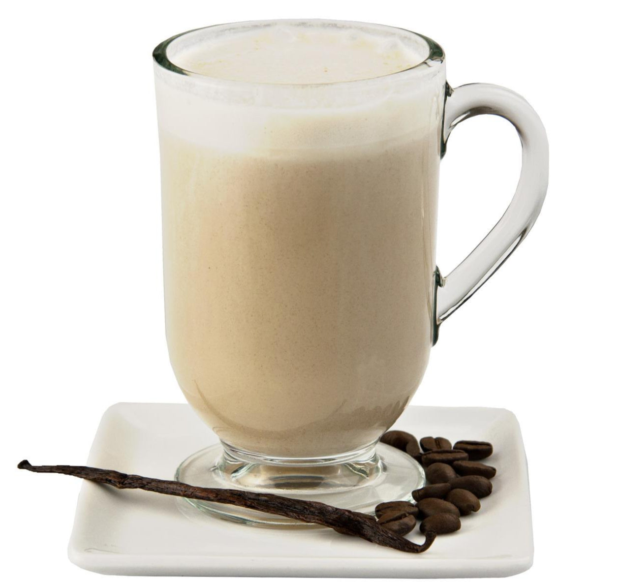 Glass mug filled with a creamy beverage on a white coaster with coffee beans and a vanilla bean.