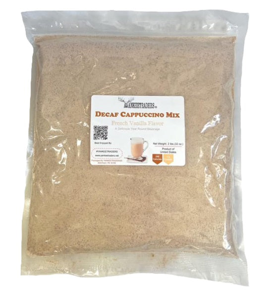 Package of decaf cappuccino mix with a label on a white background