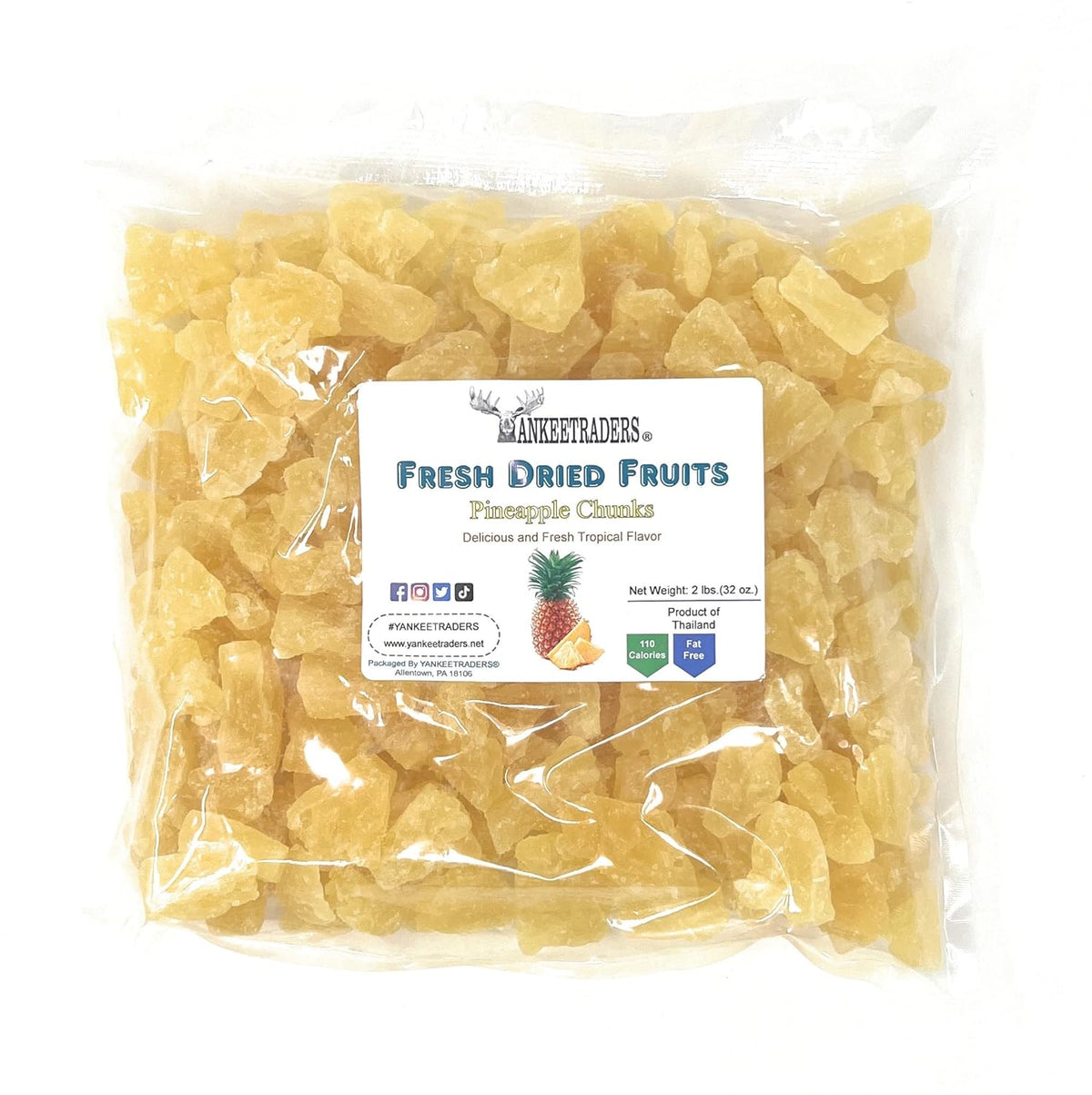 Packaged fresh dried pineapple chunks with a visible YANKEETRADERS brand label on a white background