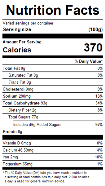 Nutrition facts label for dried pineapple chunks with detailed calorie and nutrient information.