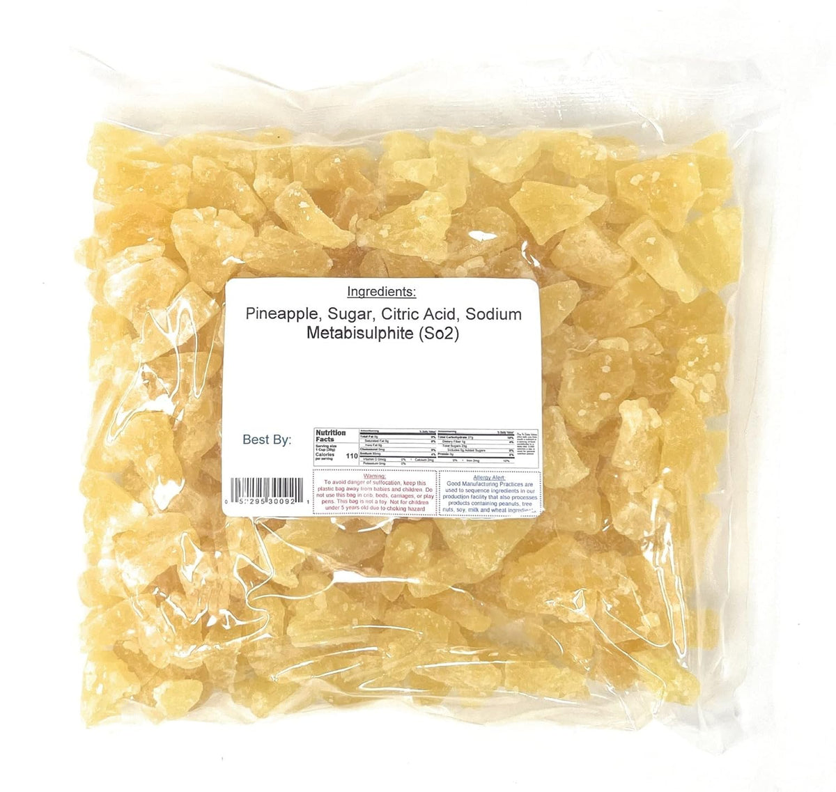 Packaged dried pineapple chunks with a nutrition label on a white background
