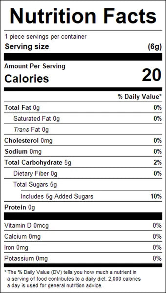 A Dubble Bubble gum Nutrition Facts label showing a serving size of 6g and 20 calories per serving, with a black-and-white table listing nutrients such as fat, cholesterol, sodium, carbohydrate, sugars, and protein.