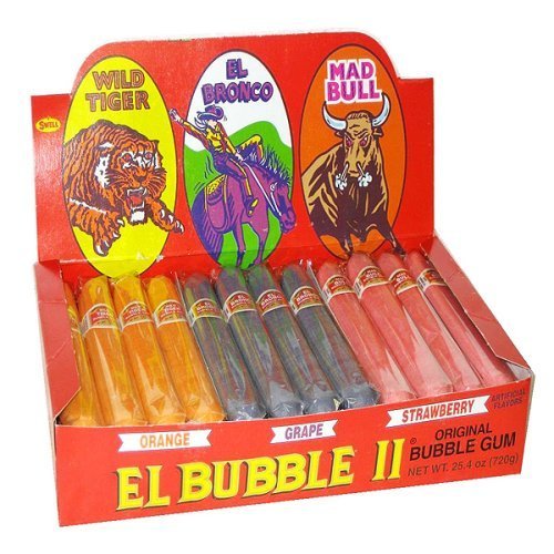 A red el bubble gum box containing packs of El Bubble II bubble gum cigars with flavors indicated as wild tiger, bronco, and mad bull. The packs are labeled with orange, grape, and strawberry flavors.