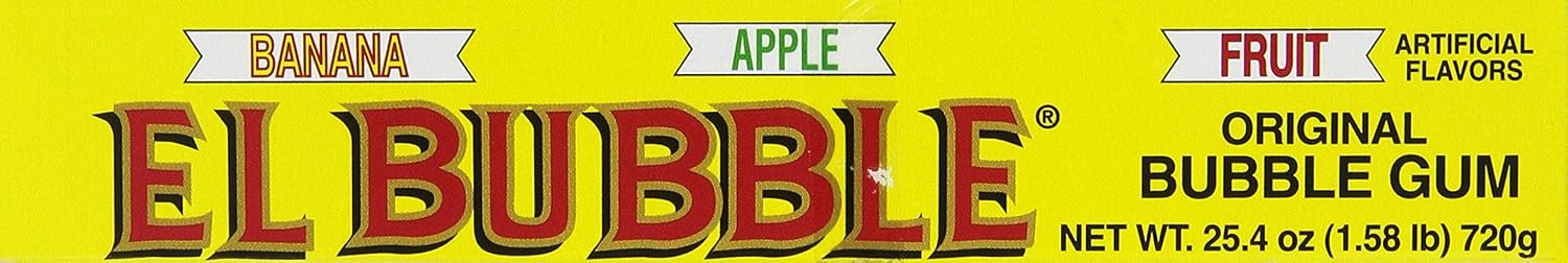 A bright yellow package label for El Bubble Fruit Gum, featuring the brand name 'EL BUBBLE' in large red letters with a gold outline. Above the brand name are flavor tabs labeled 'BANANA', 'APPLE', and 'FRUIT', with 'ARTIFICIAL FLAVORS' and product details 'ORIGINAL BUBBLE GUM' and 'NET WT.