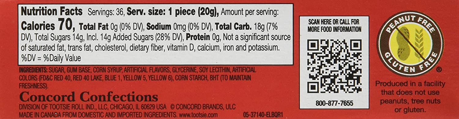 A close-up of a red and white food label for El Bubble Gum Cigars showing nutrition facts, ingredients, and a circular logo.