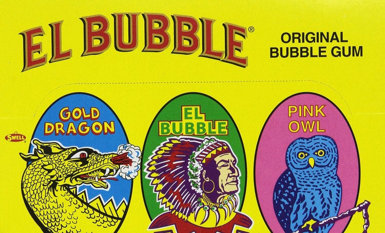 A yellow box package of El Bubble bubble gum cigars featuring three characters: a gold dragon, a red bubble with white dots, and a blue owl with a pink flower.